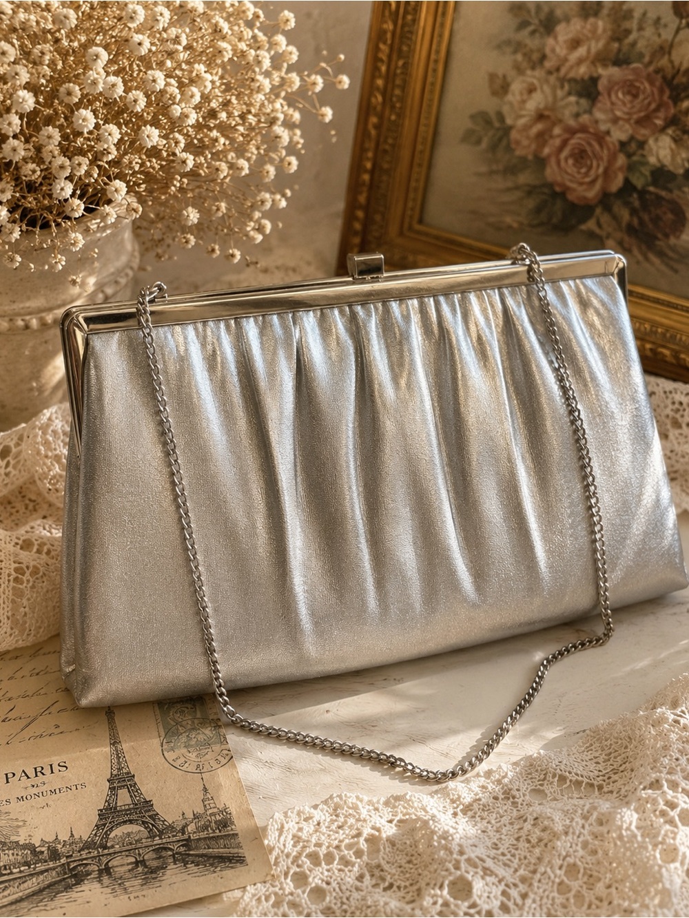 Vintage Silver Pleated Frame Clutch Shoulder Bag - Elegant Metallic Evening